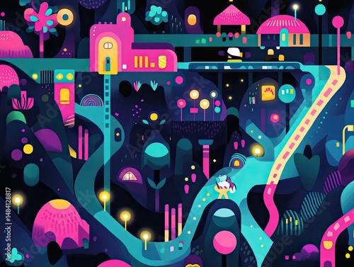 Vibrant, stylized underground city map adorned with surreal elements.