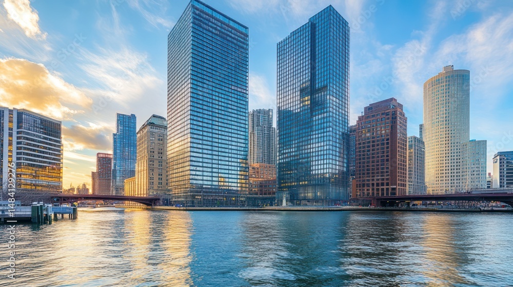 Fototapeta premium City skyline reflecting in the water at sunset. Modern skyscrapers line a river