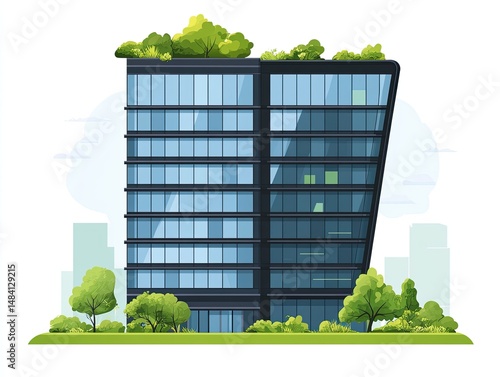 Modern, sustainable skyscraper with green spaces.