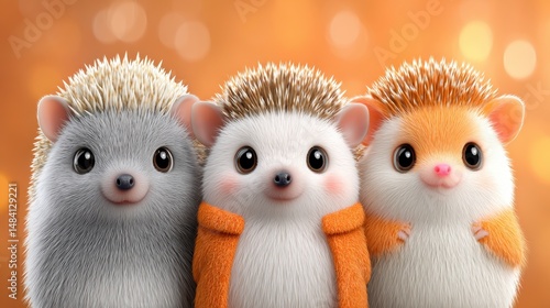 Adorable Hedgehogs  Cute  Fluffy  3D Render  Friends  Animals  Orange Background