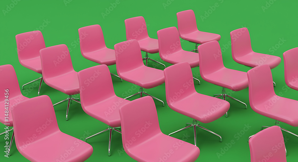 Obraz premium Pink Chairs, Green Background, Row Pattern, Modern Office Furniture