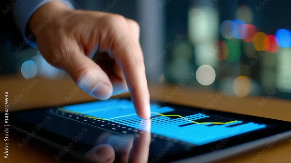 Finger touching digital tablet with financial graph and blue chart for business growth analysis Finger touching digital tablet with financial graph and blue chart for business growth analysis