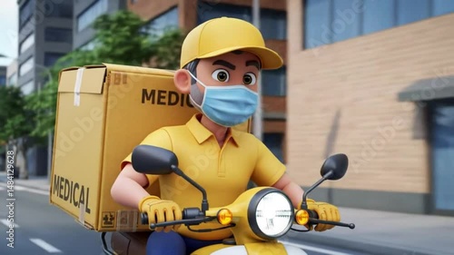 Cartoon delivery man with medical box on scooter wearing mask in city street