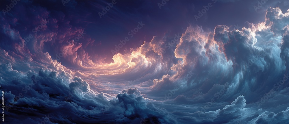 Fototapeta premium Swirling storm of indigo and violet clouds with radiant highlights at sunset