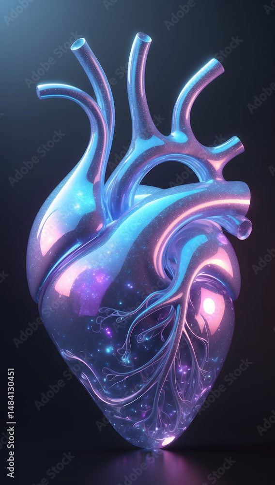 Obraz premium Glass Heart: A mesmerizing iridescent glass heart, seemingly sculpted from light and shadow, pulses with an ethereal glow, inviting contemplation of life’s inner workings.
