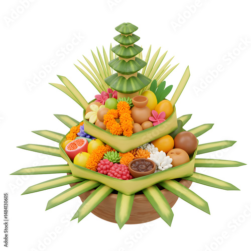 A Balinese offering presents flower, fruit and decorative objects in a layered arrangement, reflecting a cultural or religious purpose.