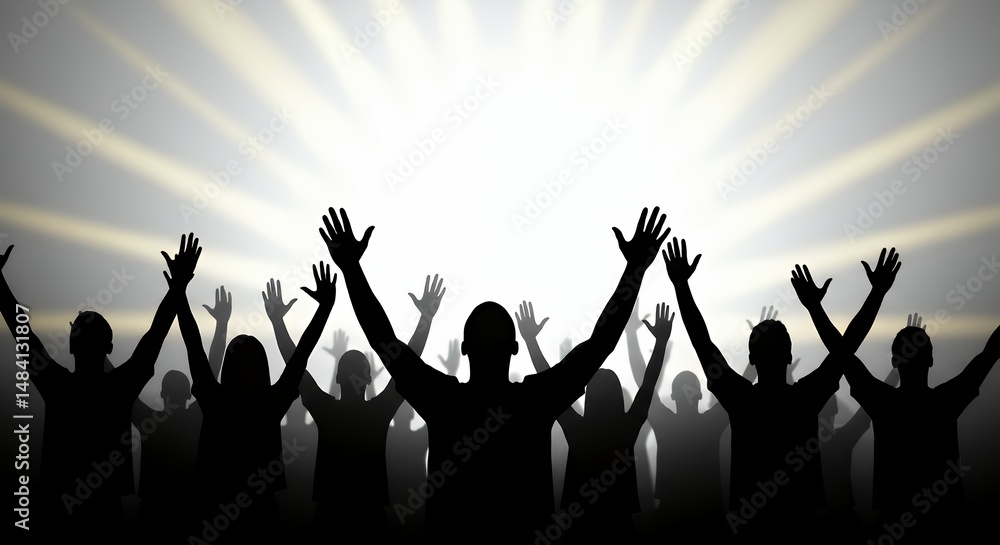 Fototapeta premium Crowd Silhouettes Raising Arms Towards Light Empowerment and Inspiration