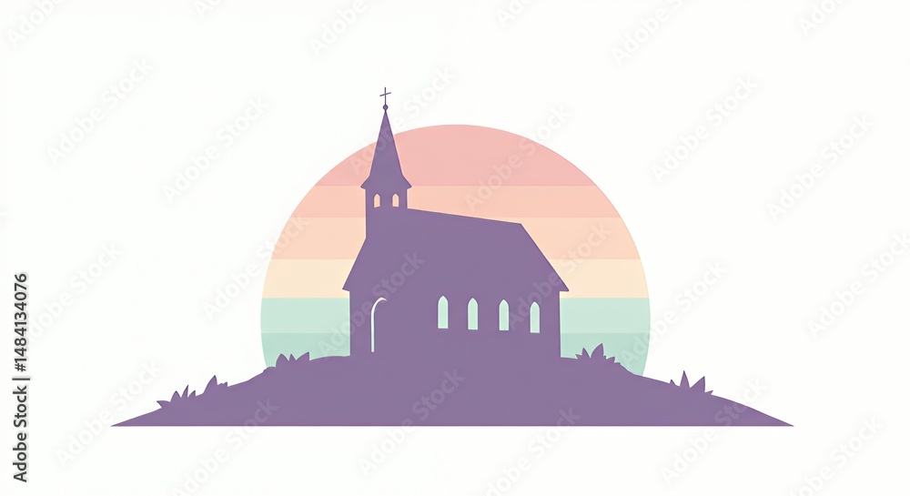 Naklejka premium Silhouette of Church Building Against Sunset Sky with Pastel Colors