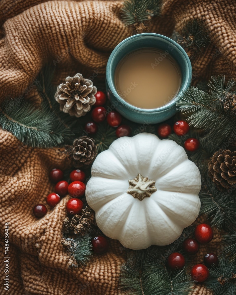 Cozy autumnal scene with warm drink and pumpkin Cozy autumnal scene with warm drink and pumpkin