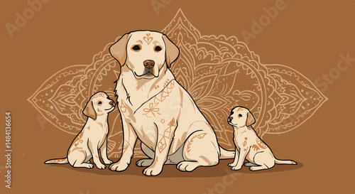 Labrador retriever sitting with two puppies against a textured background  