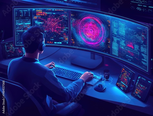 Futuristic gamer engrossed in multiple computer screens.