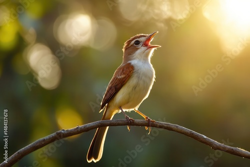A singing bird perched on a branch during sunset, surrounded by soft glowing bokeh lights