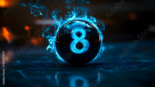 Fiery Blue Magic 8 Ball in Flames - Mystical Fortune Concept