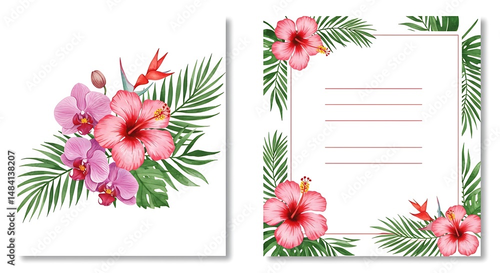 Obraz premium Watercolor Tropical Blooms: Elegant Floral Stationery Design with Hibiscus and Orchid