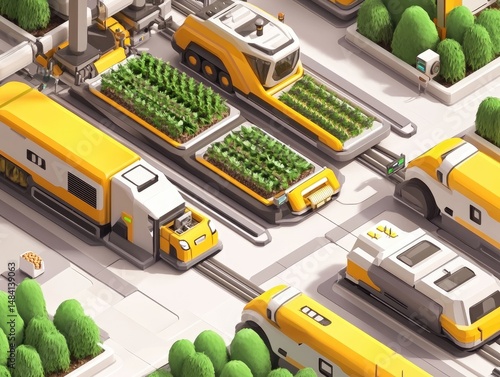 Futuristic urban farming transportation system.