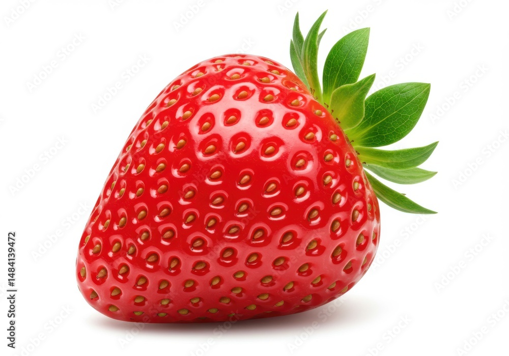 A vibrant strawberry with green leaves against a clean, bright backdrop here A vibrant strawberry with green leaves against a clean, bright backdrop here