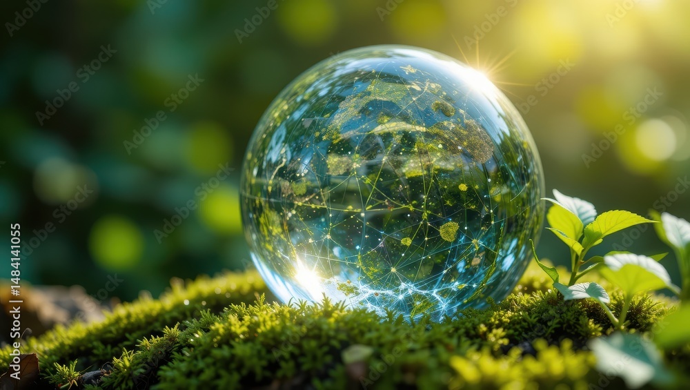 Beautiful Clear Glass Sphere Reflecting Nature and Sunlight on Mossy Ground in a Tranquil Forest Setting Beautiful Clear Glass Sphere Reflecting Nature and Sunlight on Mossy Ground in a Tranquil Forest Setting