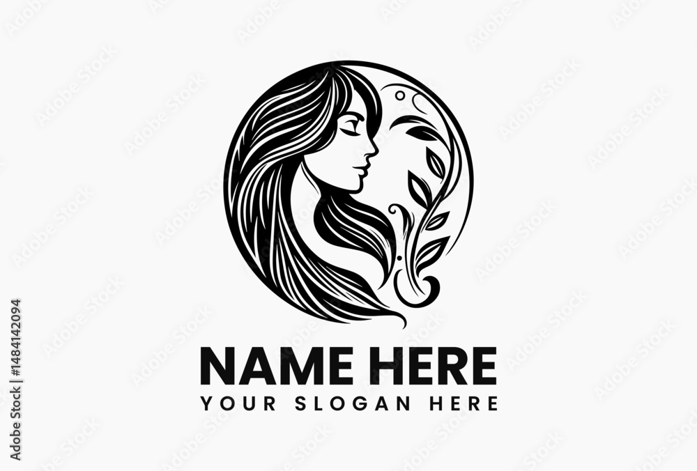 Graceful circular vector design of meditative woman's face with long hair blending into nature-inspired leaf patterns. Wellness beauty concept Graceful circular vector design of meditative woman's face with long hair blending into nature-inspired leaf patterns. Wellness beauty concept