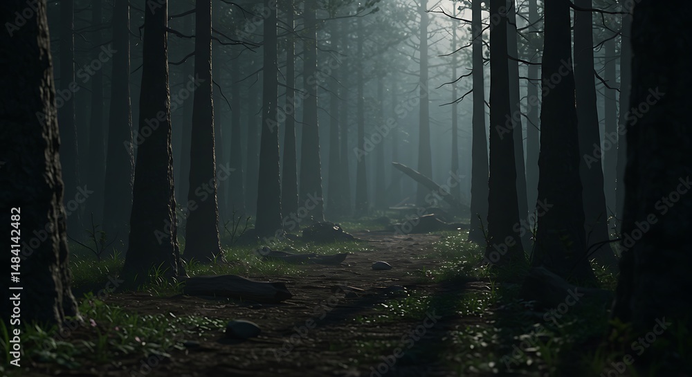 Fototapeta premium Misty Forest Path: Digital 3D Render, Deep Shadows AI Generated