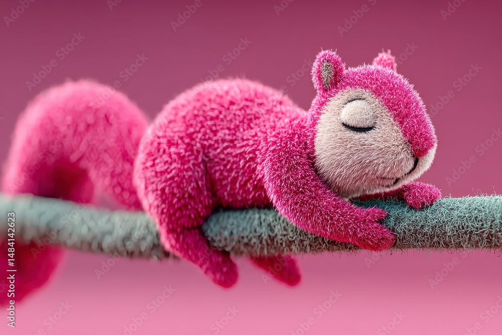 Fototapeta premium Cute Pink Squirrel Sleeping on Branch Adorable Animal Illustration Fluffy Peaceful 3D