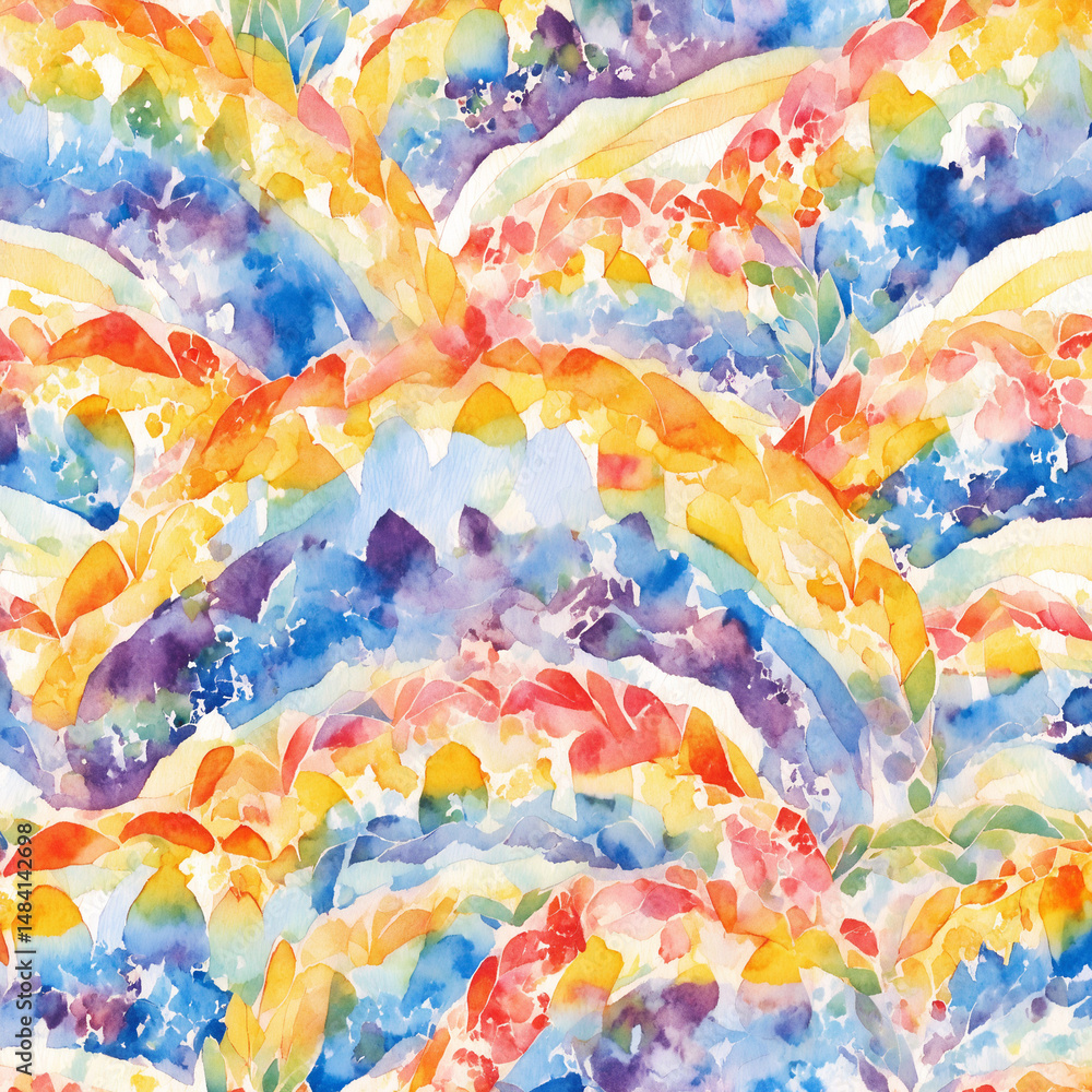 Fototapeta premium Vibrant Watercolor Rainbow Floral Pattern Seamless Design Artistic Background Texture