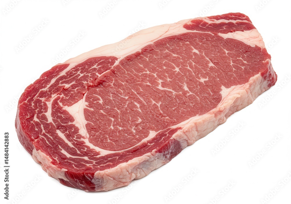 Raw ribeye steak cut with marbling on a white background ready for cooking Raw ribeye steak cut with marbling on a white background ready for cooking