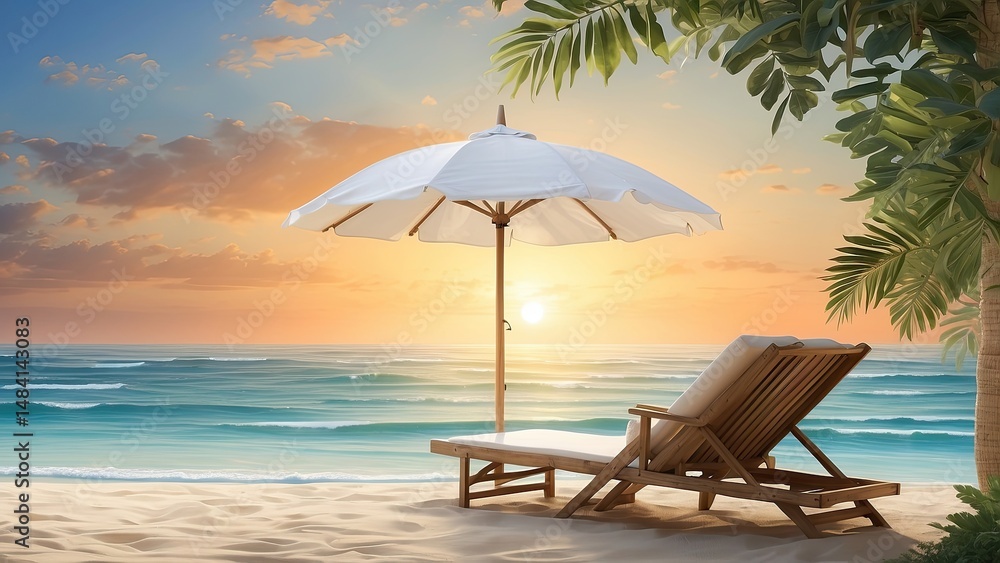 Romantic Beach Sunset with Lounge Chairs and Umbrella – Tropical Oceanfront Escape Romantic Beach Sunset with Lounge Chairs and Umbrella – Tropical Oceanfront Escape
