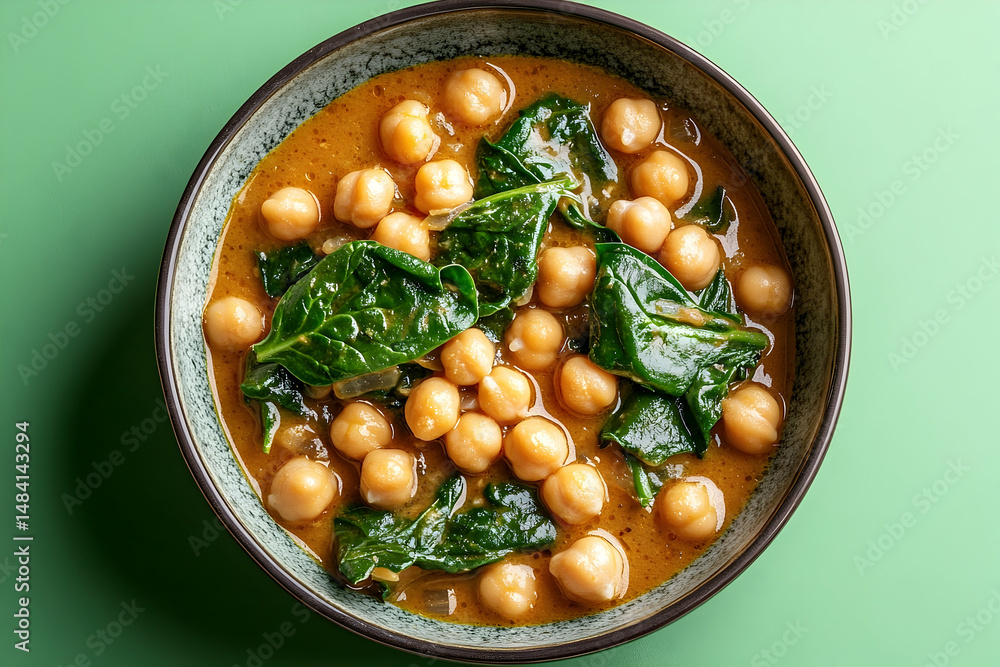 A bowl of flavorful chickpea curry with spinach. A bowl of flavorful chickpea curry with spinach.