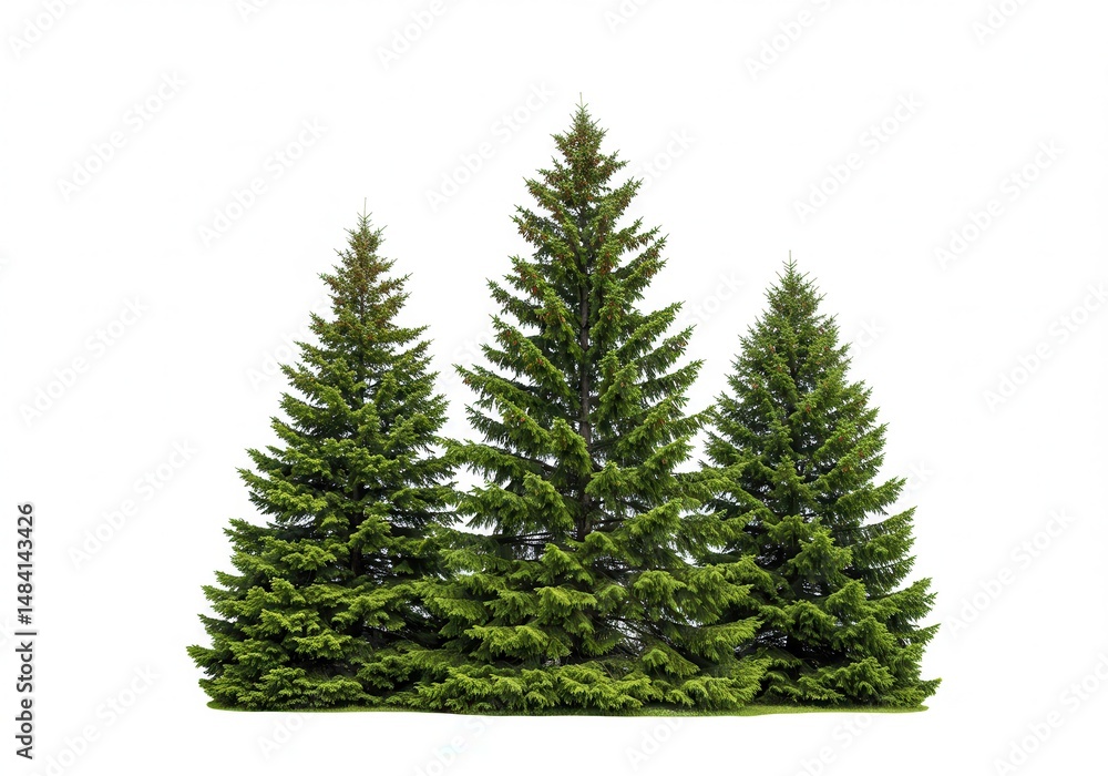 Three evergreen trees isolated against a white background, nature scene Three evergreen trees isolated against a white background, nature scene