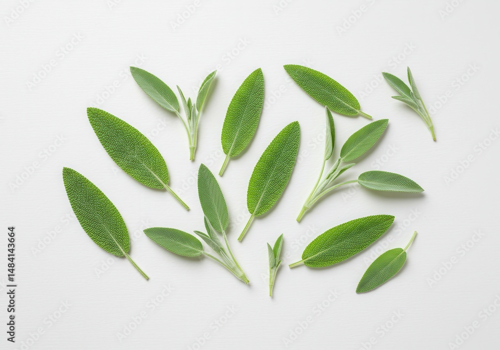 Scattered fresh sage leaves on a white background, culinary herb Scattered fresh sage leaves on a white background, culinary herb