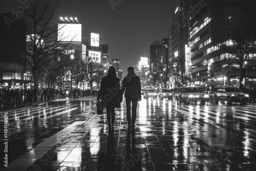 Black and white photo of people walking under bright lights in a busy city street at night