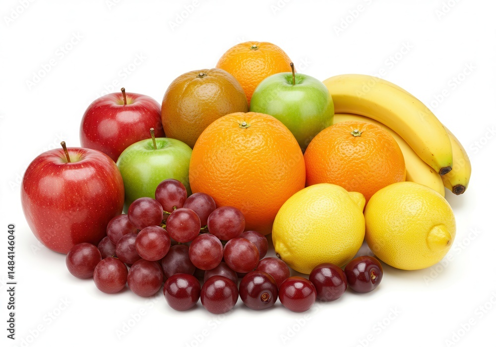 Assortment of fresh fruits including apples, grapes, oranges, lemons, and bananas Assortment of fresh fruits including apples, grapes, oranges, lemons, and bananas