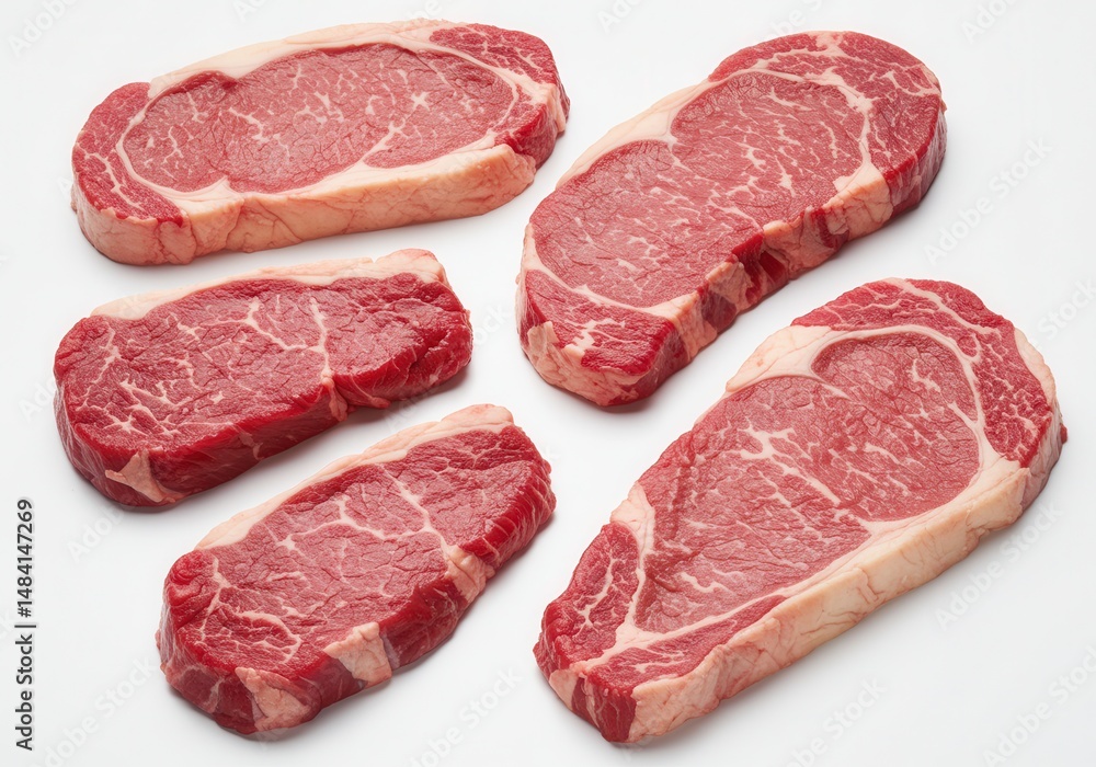 Raw new york strip steaks with marbling arranged on a white surface Raw new york strip steaks with marbling arranged on a white surface