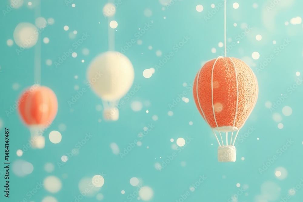 Obraz premium Colorful hot air balloons suspended against a soft blue background with bokeh effects