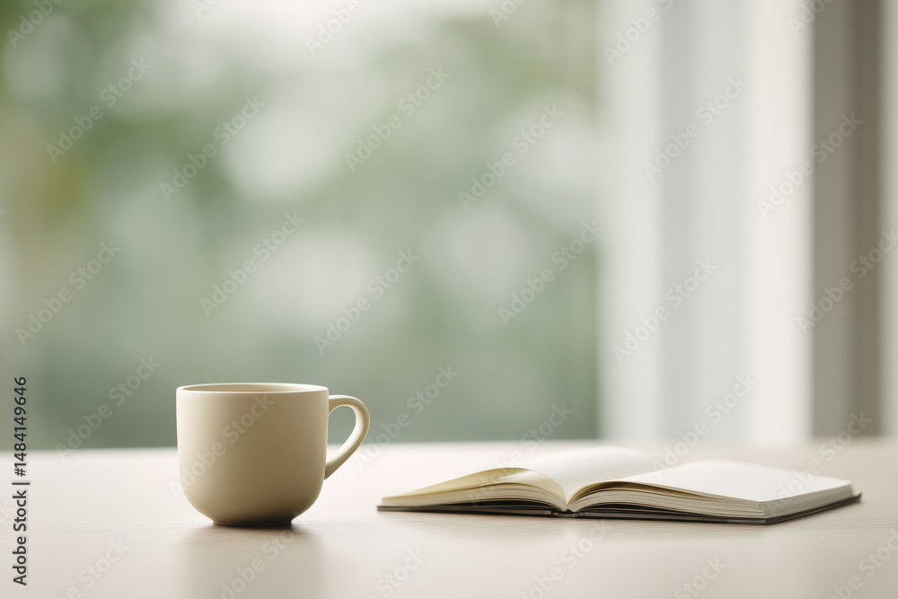 minimalist scene featuring round table with empty coffee cup and open notebook minimalist scene featuring round table with empty coffee cup and open notebook