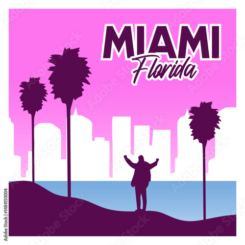 beautiful view of miami city florida with palm tree silhouette