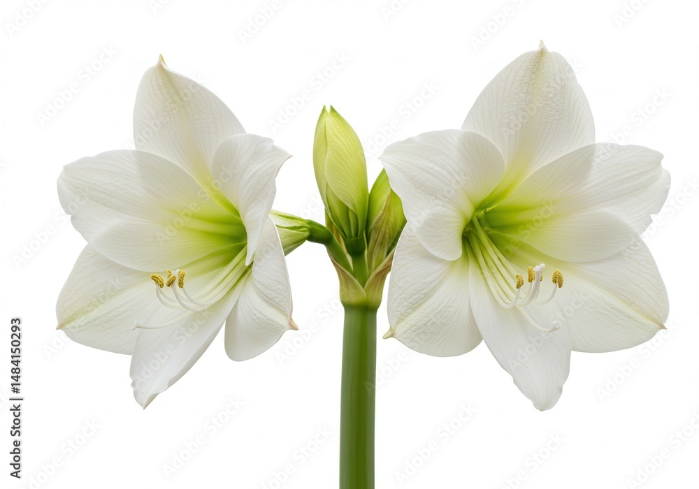Fototapeta premium Two white amaryllis flowers and a bud, isolated on a white background