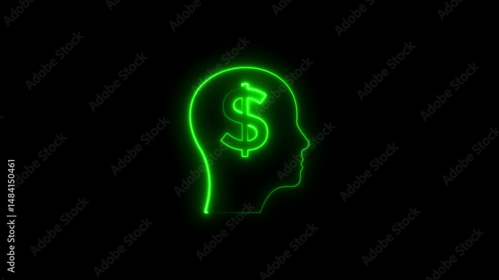 Animated green neon dollar sign in a human head silhouette on black background Animated green neon dollar sign in a human head silhouette on black background