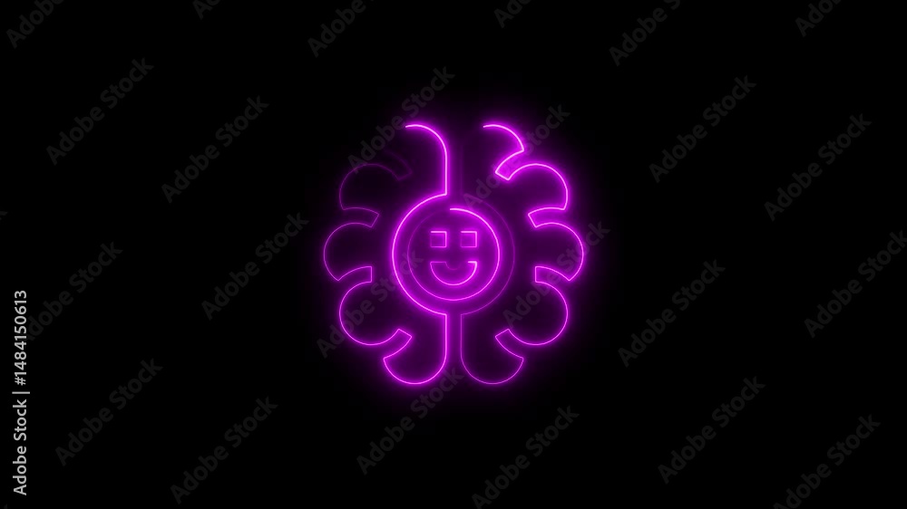 Animated neon smiling flower glowing against a dark background in purple Animated neon smiling flower glowing against a dark background in purple