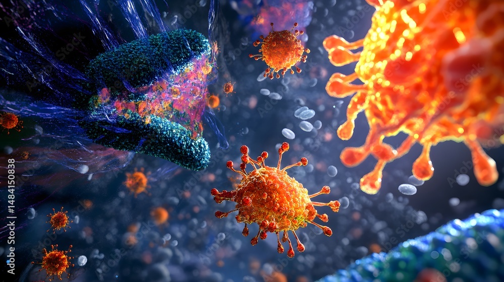 Fototapeta premium Colorful microscopic structures interacting in a complex biological system.