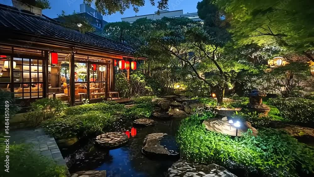 Tranquil Japanese Garden at Night with Lanterns, Water Features, and Lush Greenery Tranquil Japanese Garden at Night with Lanterns, Water Features, and Lush Greenery