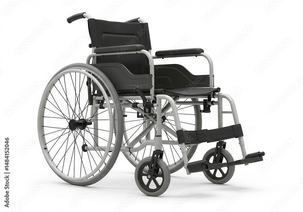 Fototapeta premium Isolated wheelchair with black seat and silver frame on white background
