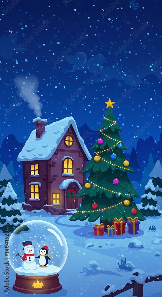 Fototapeta premium Cozy Winter Night: Cartoon Christmas Scene AI Generated