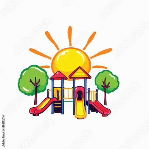 Colorful Playground with Slides and Climbing Structure, Bright Sun and Trees, Cheerful Outdoor Play Area, Minimalist Vector Illustration