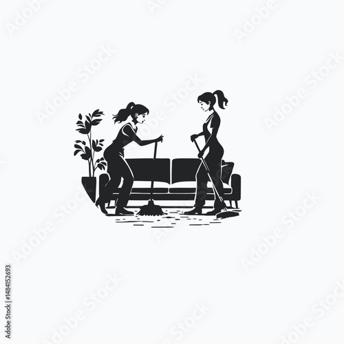 Cleaning Duo at Work, Mop and Vacuum in Action, Organized Home Maintenance Scene, Minimalist Black and White Vector Illustration