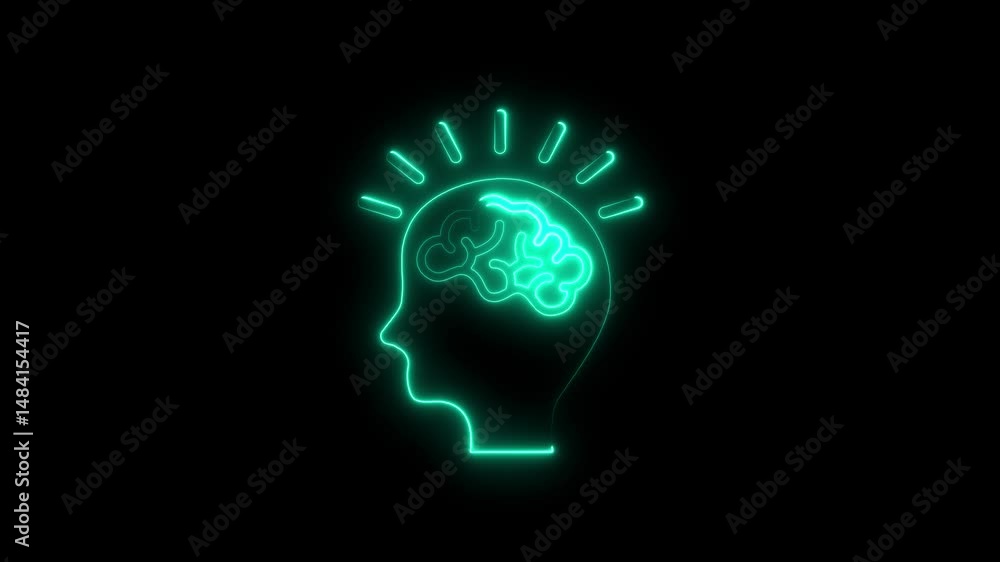 Glowing neon brain idea concept illuminating thought process in black backdrop Glowing neon brain idea concept illuminating thought process in black backdrop