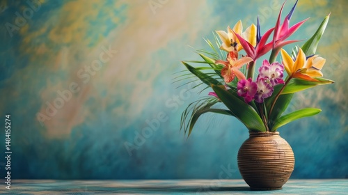 floral design with a tropical theme featuring birds of paradise and orchids in a bamboo vase, exotic and vibrant atmosphere,