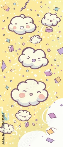 Kawaii cloud characters with simple expressions, floating geometric confetti, pastel yellow and lavender, 2D minimalist texture.