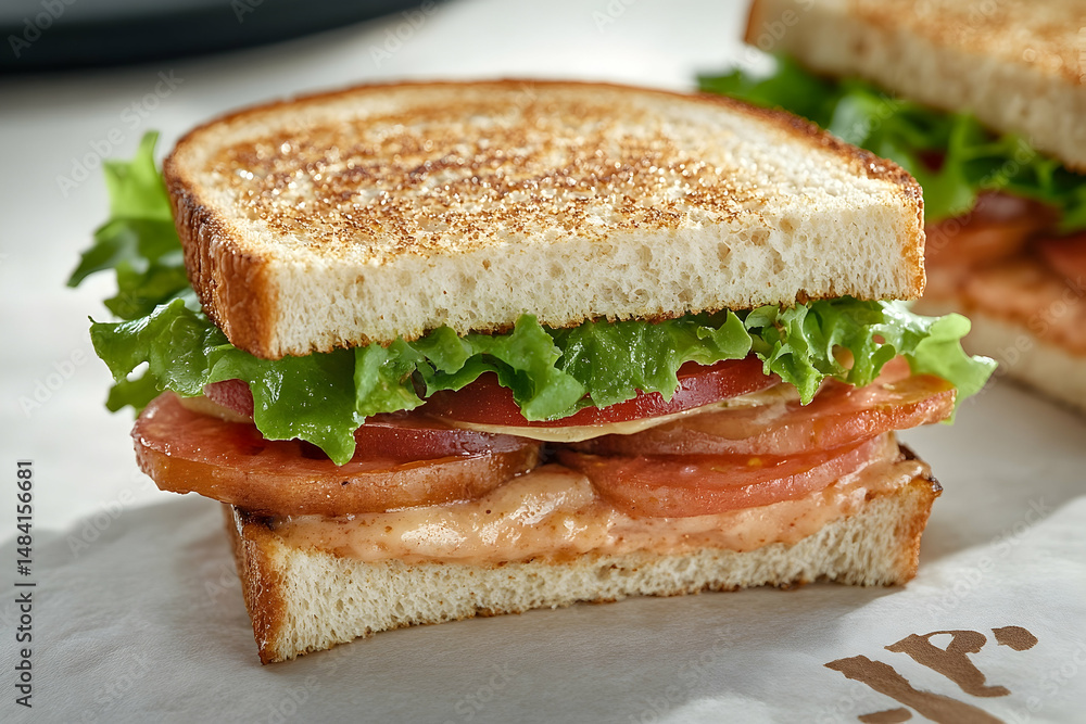 Close-up of a savory sandwich with toasted bread. Close-up of a savory sandwich with toasted bread.