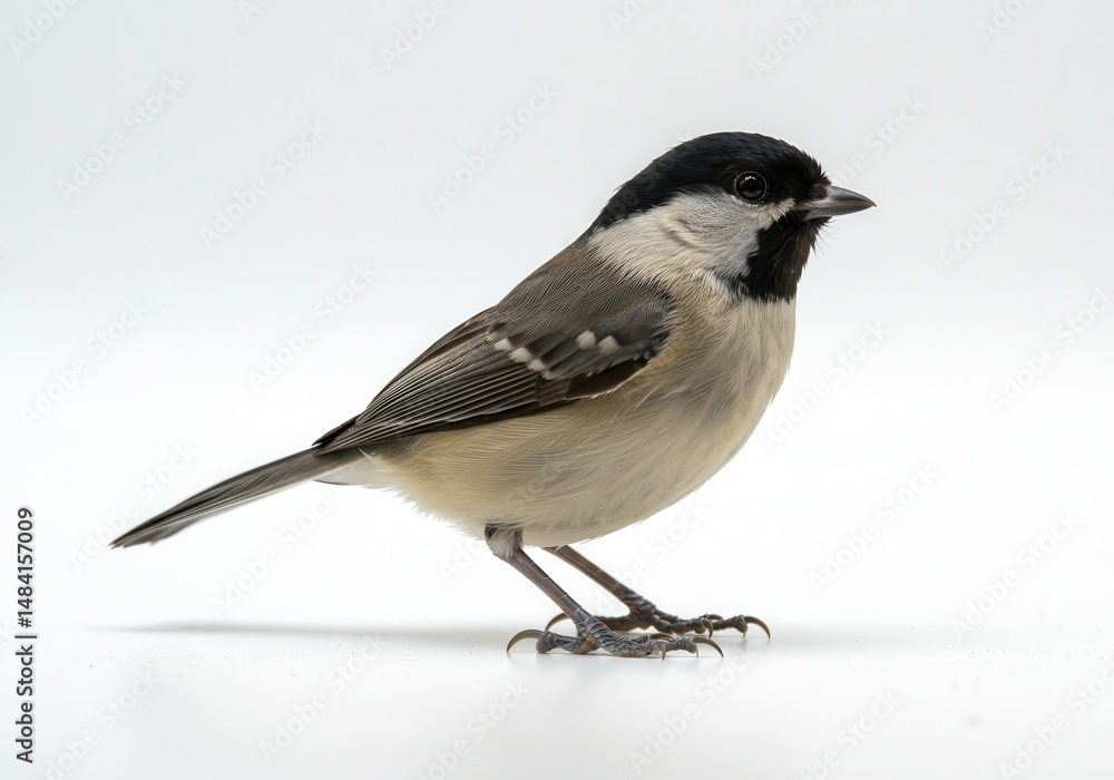 Carolina chickadee perched against a white background in a studio setting Carolina chickadee perched against a white background in a studio setting